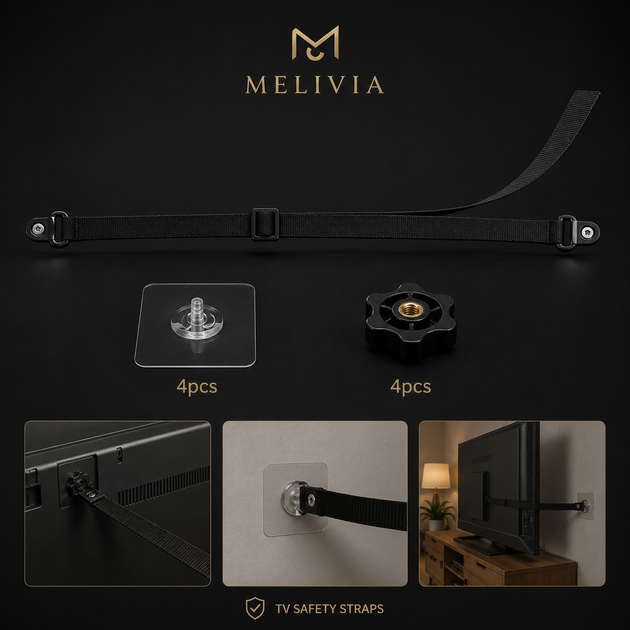 MELIVIA SecureStrap™ — TV Safety Straps, Pack of 2