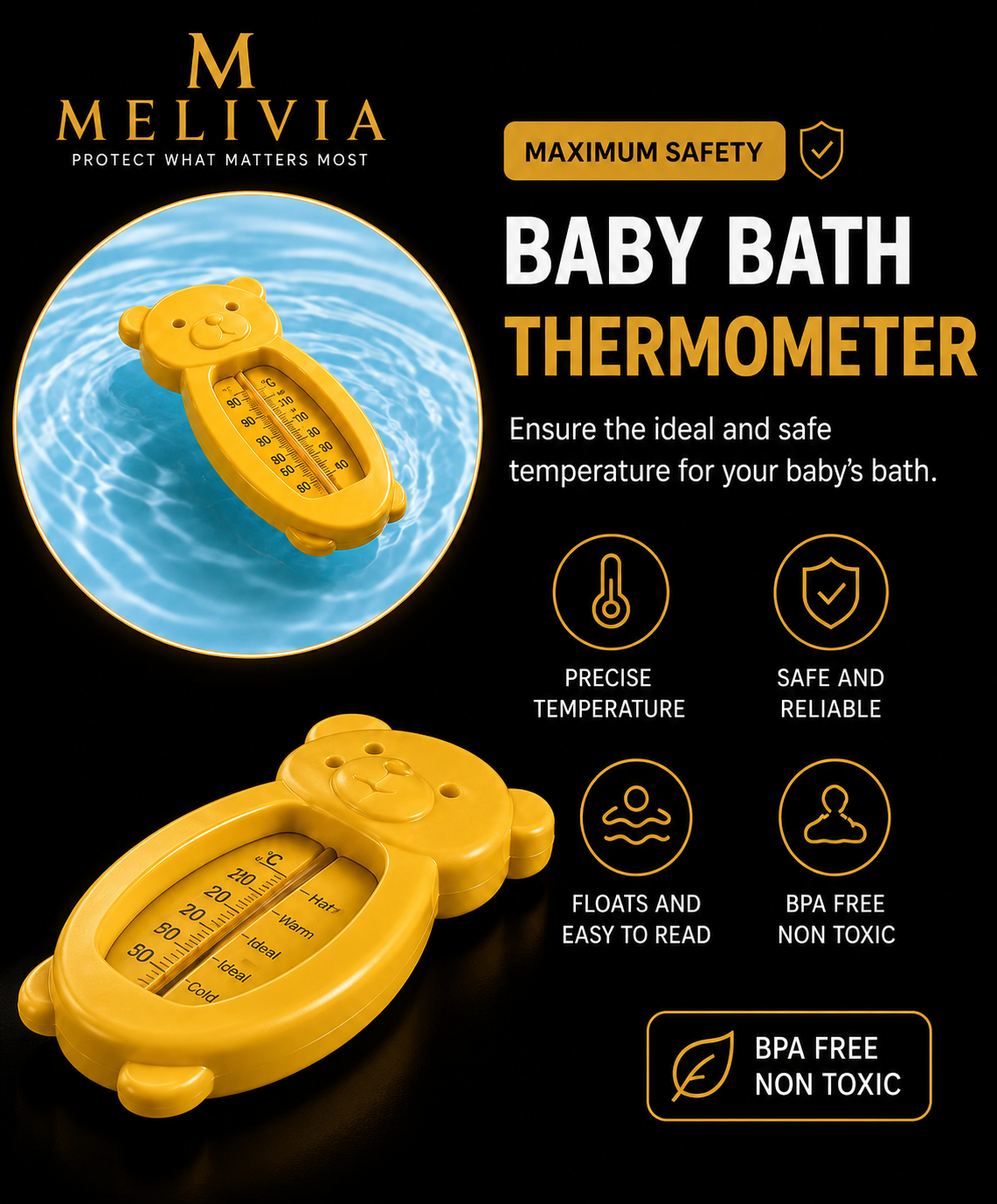 Floating thermometer for monitoring bath temperature.