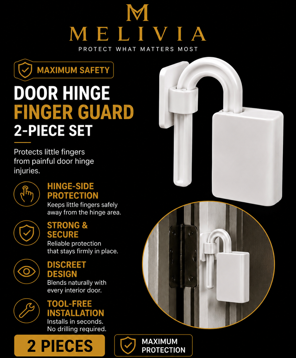 Anti-pinch hinge guard for doors.