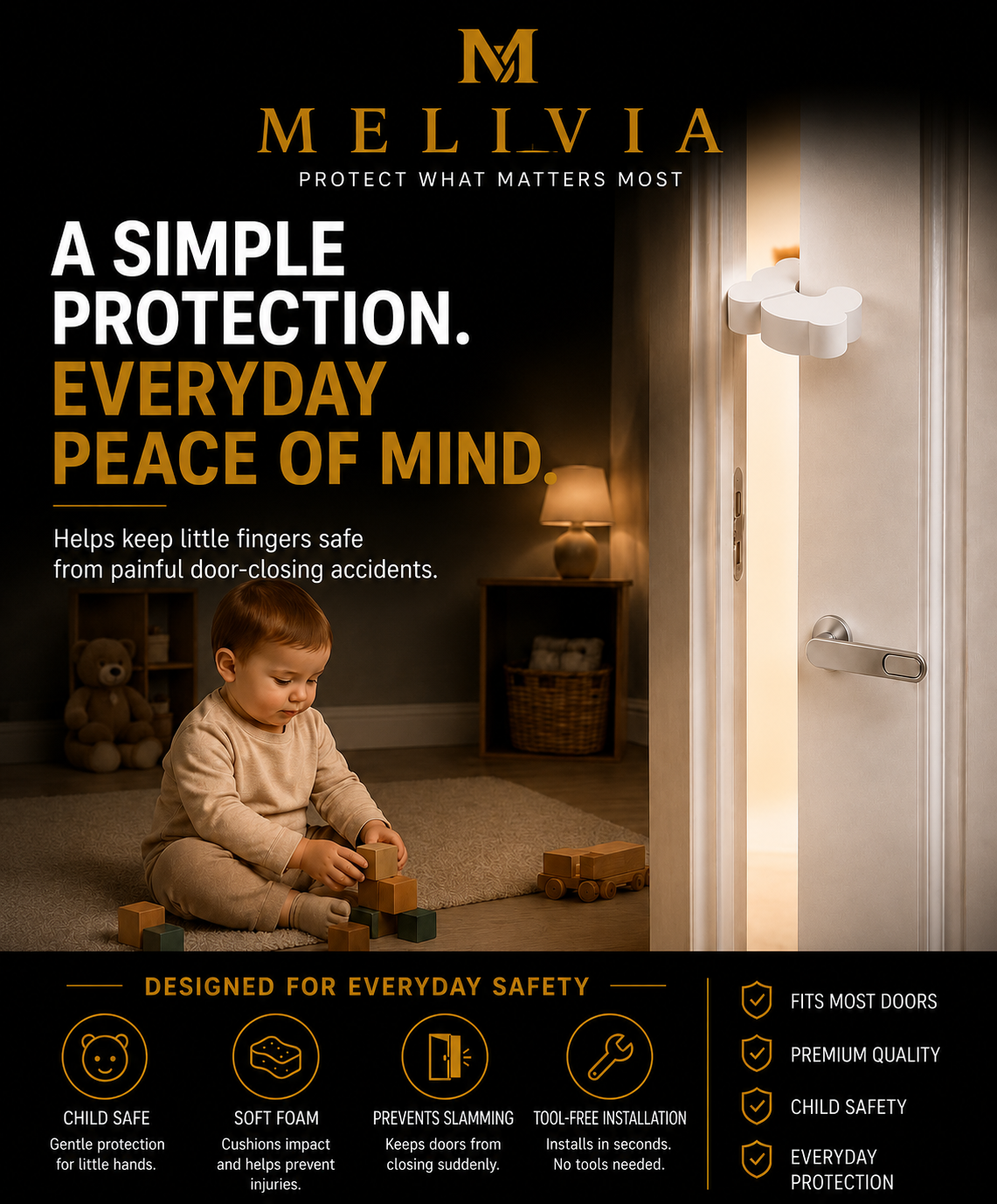 Soft door stopper to protect children's fingers.