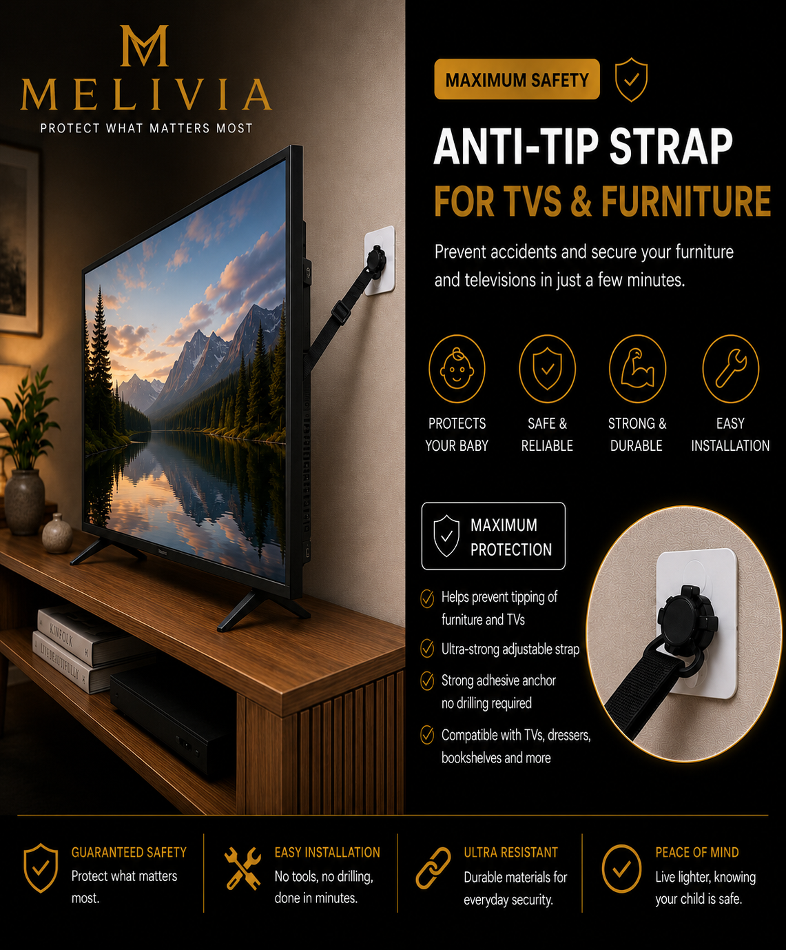 Anti-tip safety strap for televisions and furniture.
