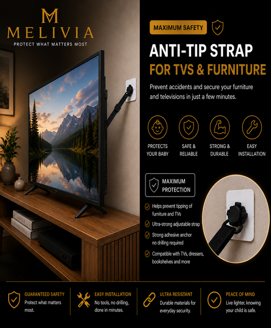 Anti-tip safety strap for televisions and furniture.