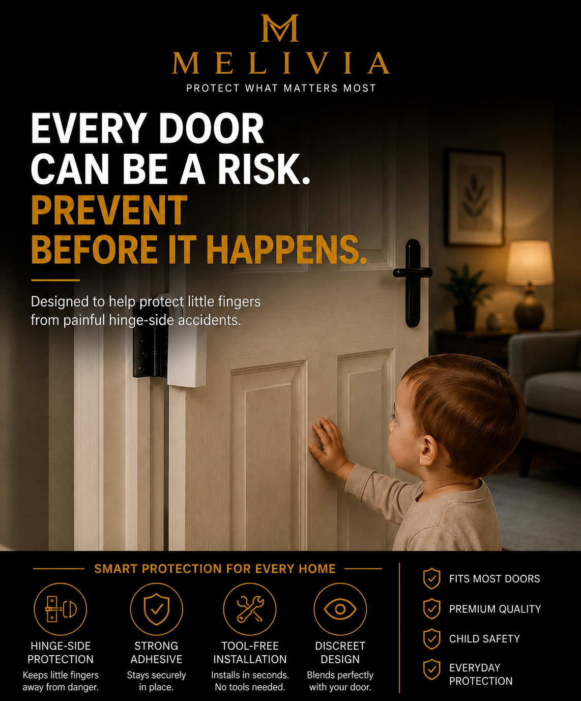 Anti-pinch hinge guard for doors.