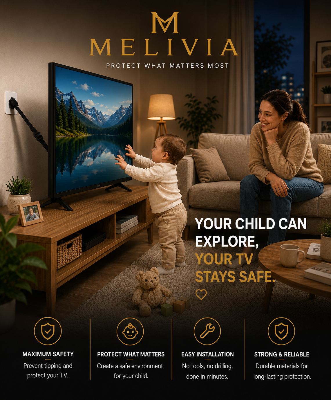 Anti-tip safety strap for televisions and furniture.